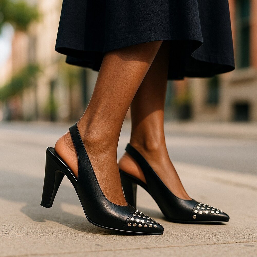 MICHAEL KORS Gemma Studded Black Slingback 8.5 Leather Moto Cone Heels